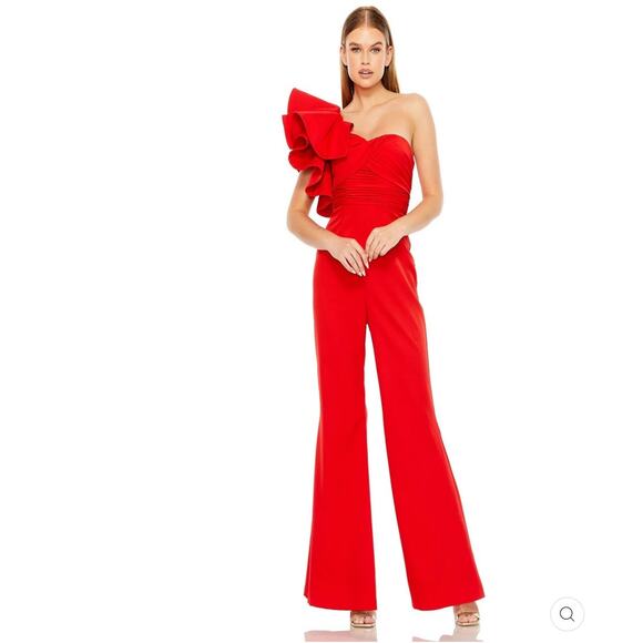 Mac Duggal Size 4 NWT 27460 Red One Shoulder Ruffle Detail Flare Pant Jumpsuit - Picture 1 of 7